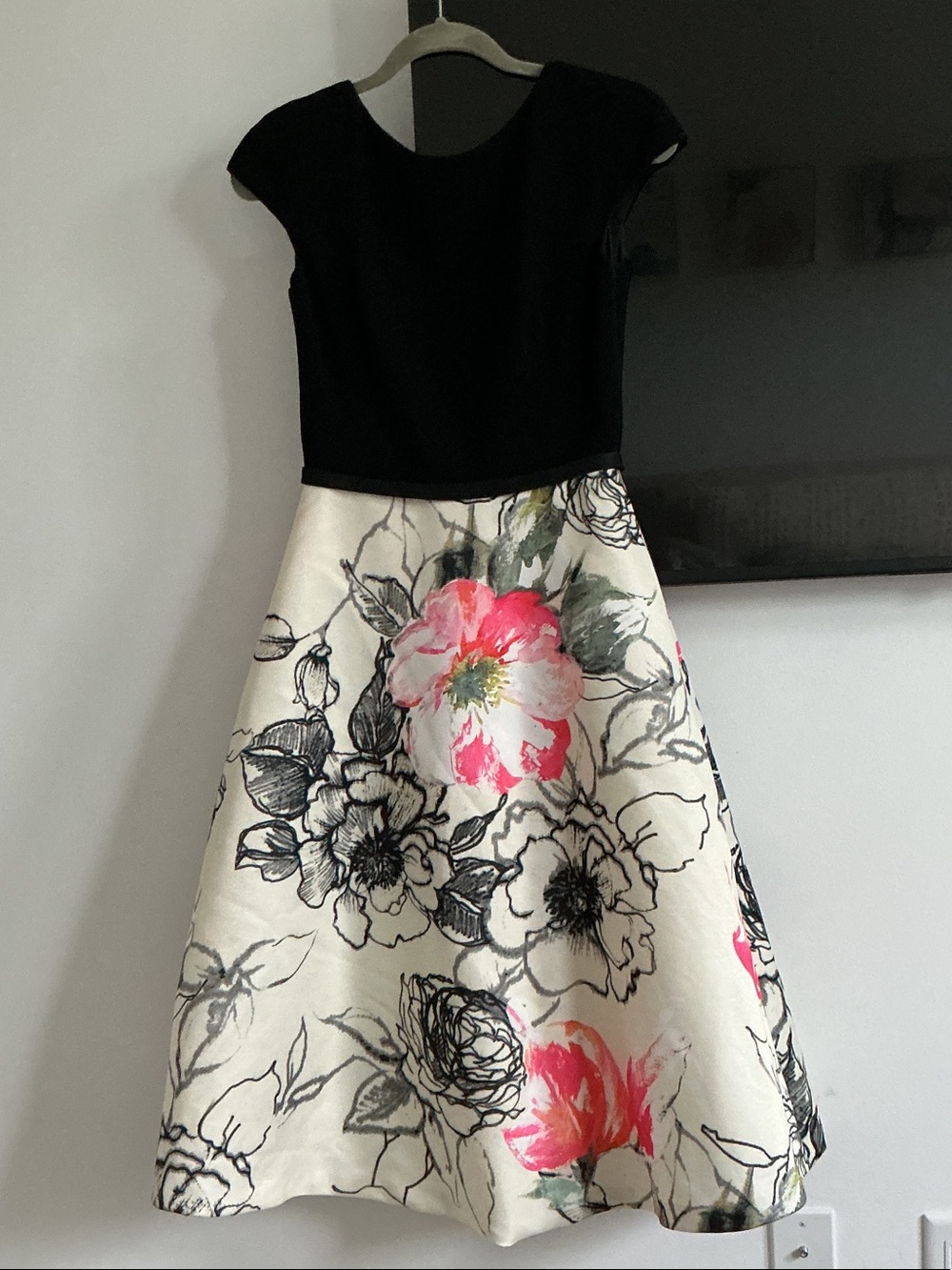 Theia Black Bodice with Cream Floral Skirt Dress